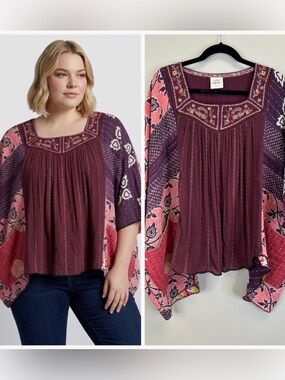 Boho Square Neck Tunic Oversized Top Embroidered Patchwork One Size Festival